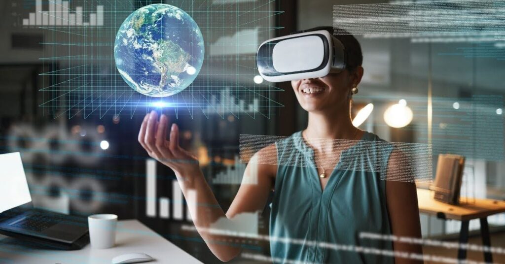 image of a woman using AI-driven technology to visualize our planet