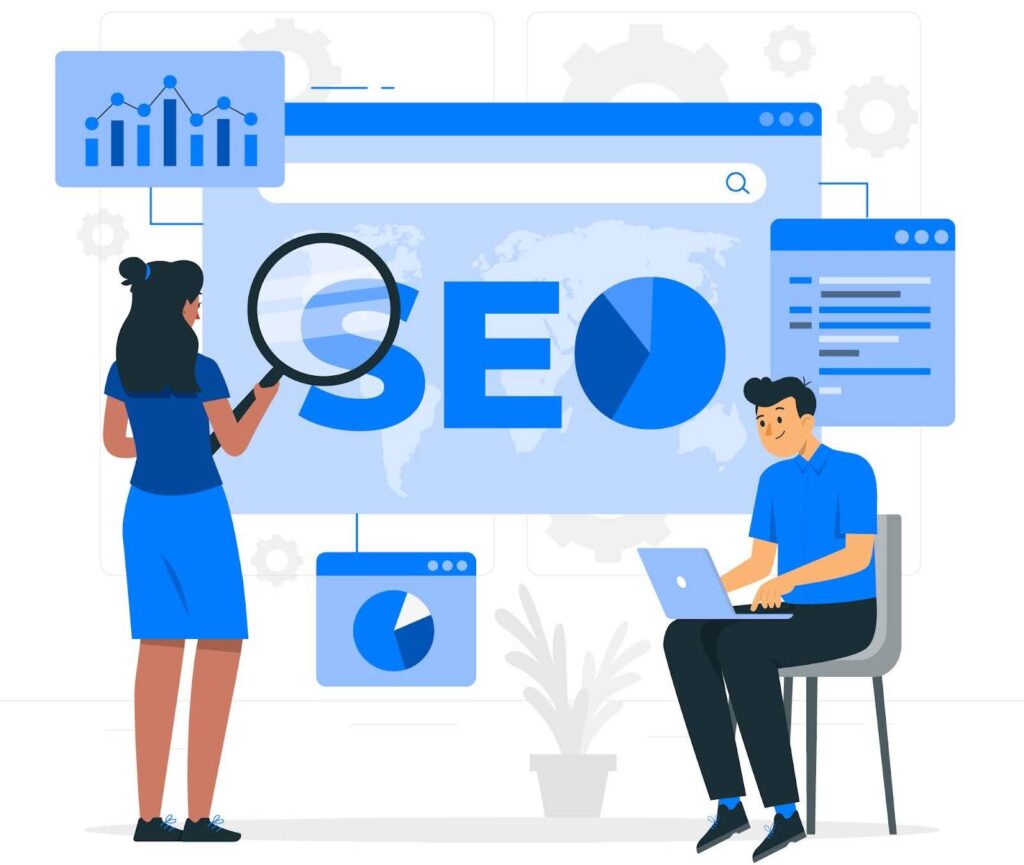 Illustration of two e-commerce employees working on the best SEO strategies.