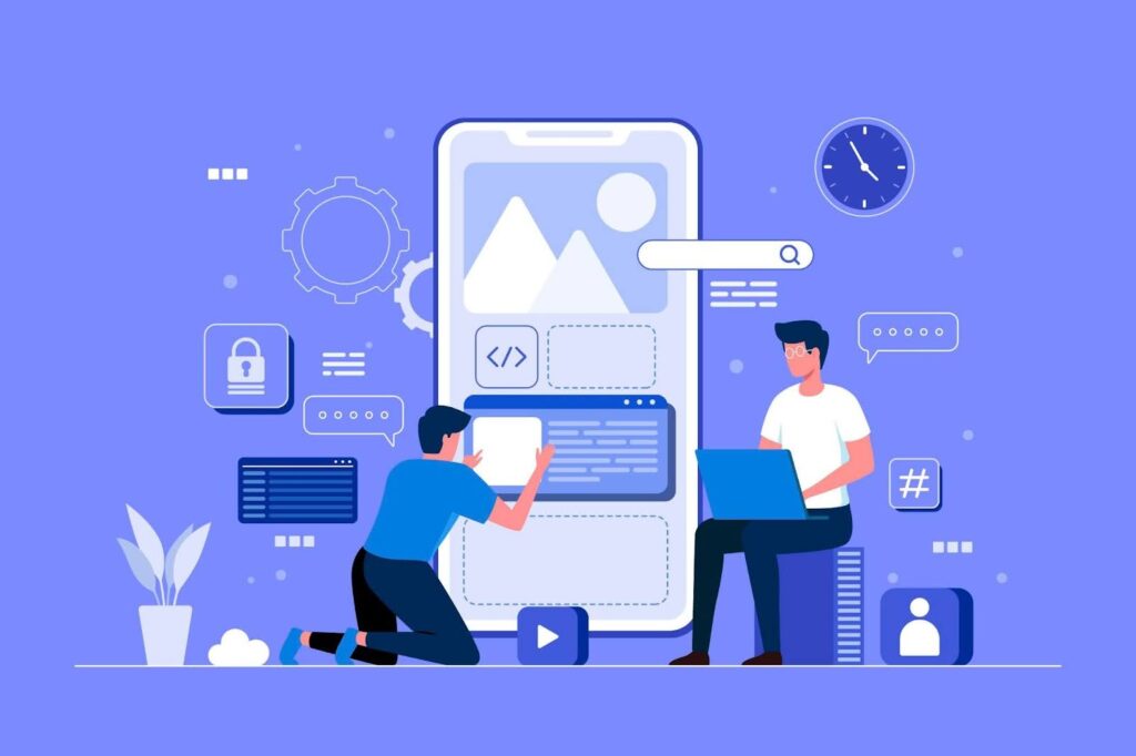 Illustration of two developers providing mobile app development services