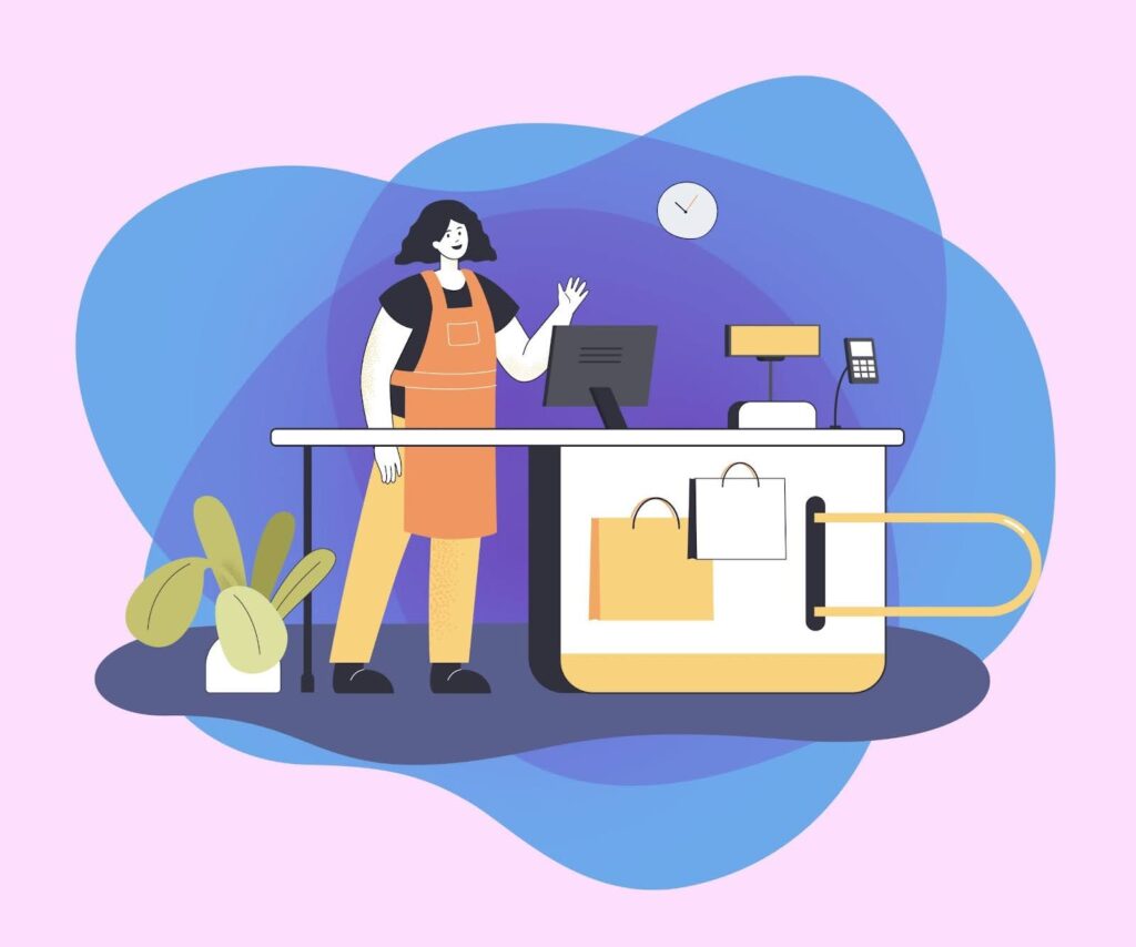 Illustration of a small business owner using a Shopify store to market their products
