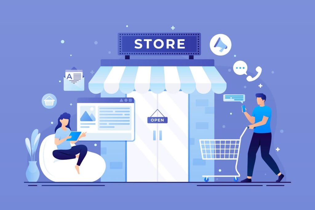 Illustration of a small business owner using step by step built online Shopify store