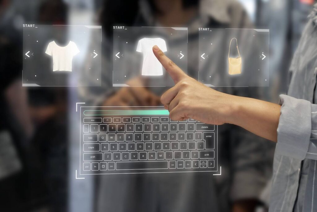 Woman using futuristic digital wardrobe interface on transparent touchscreen to browse and select clothing items like t-shirts and handbags for online shopping – concept of AI-powered ecommerce, virtual fashion try-on, and smart retail technology in 2025