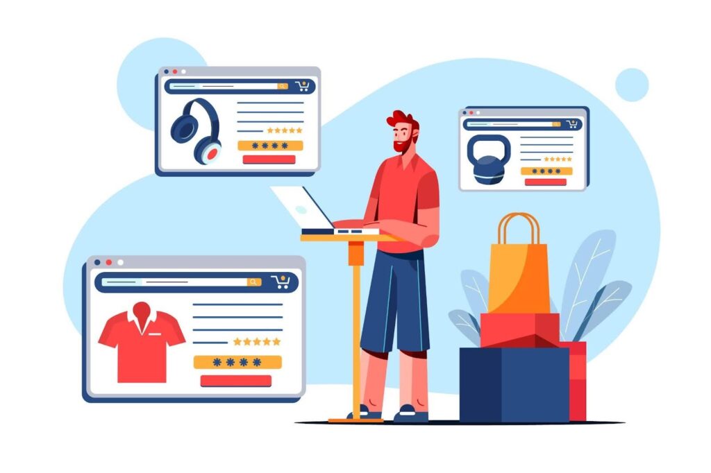 Illustration of a small business owner managing an ecommerce store from a laptop, surrounded by online product listings for clothing, headphones, and fitness gear – concept of best ecommerce platforms for small businesses, online retail trends, and digital product management in 2025.