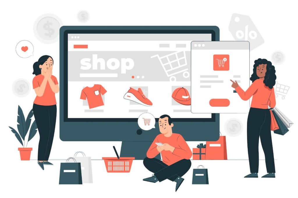 Illustration of two women and a man shopping for clothes, sneakers, and heat using ecommerce platform.