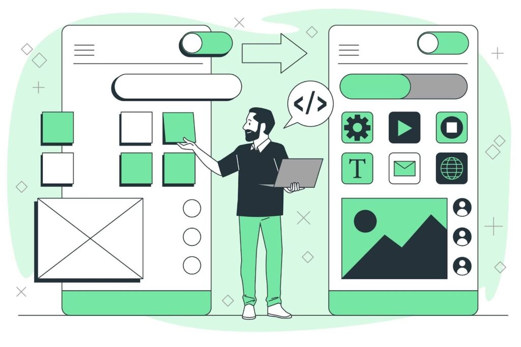 Man standing next to phone, laptop, and green background, demonstrating web app development process.
