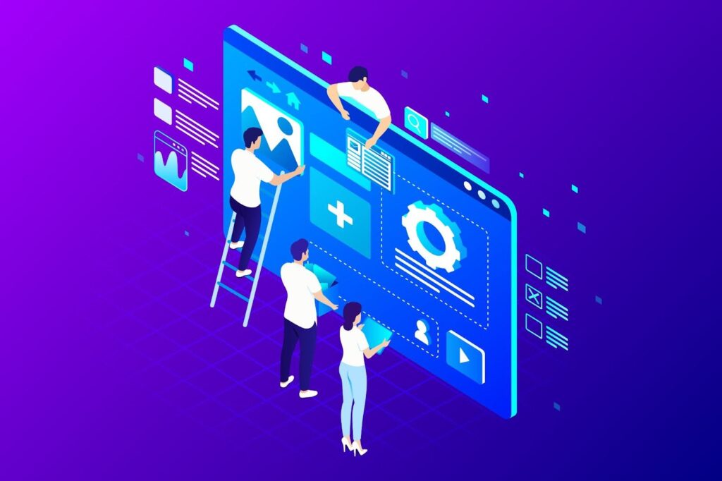 Isometric illustration of people collaborating on web app development, including coding, design, and testing.