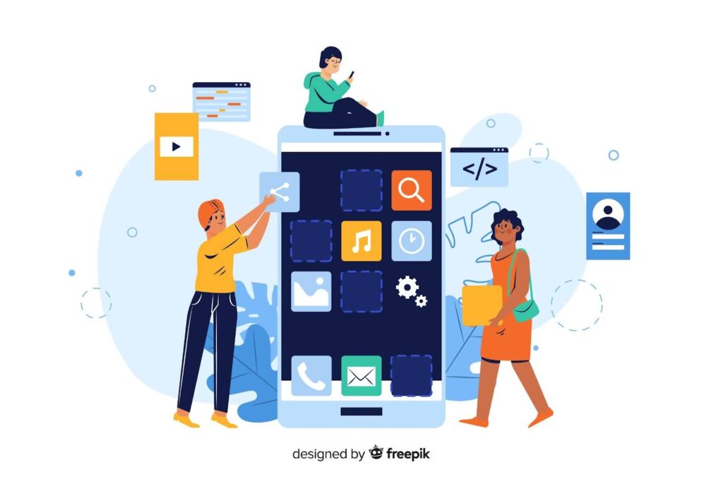 Cartoon-style illustration of developers designing mobile apps on a giant smartphone screen, representing user-friendly custom app development for Shopify stores.