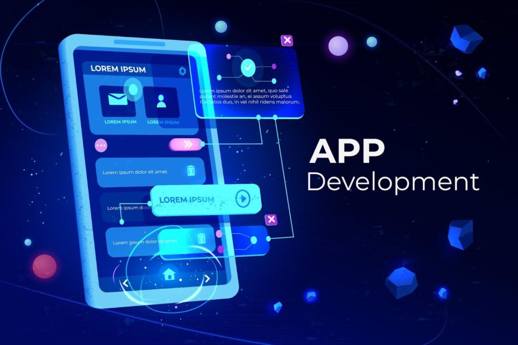 Futuristic UI mockup showing a mobile screen and app interface elements, symbolizing custom app development and Shopify app development for ecommerce solutions.