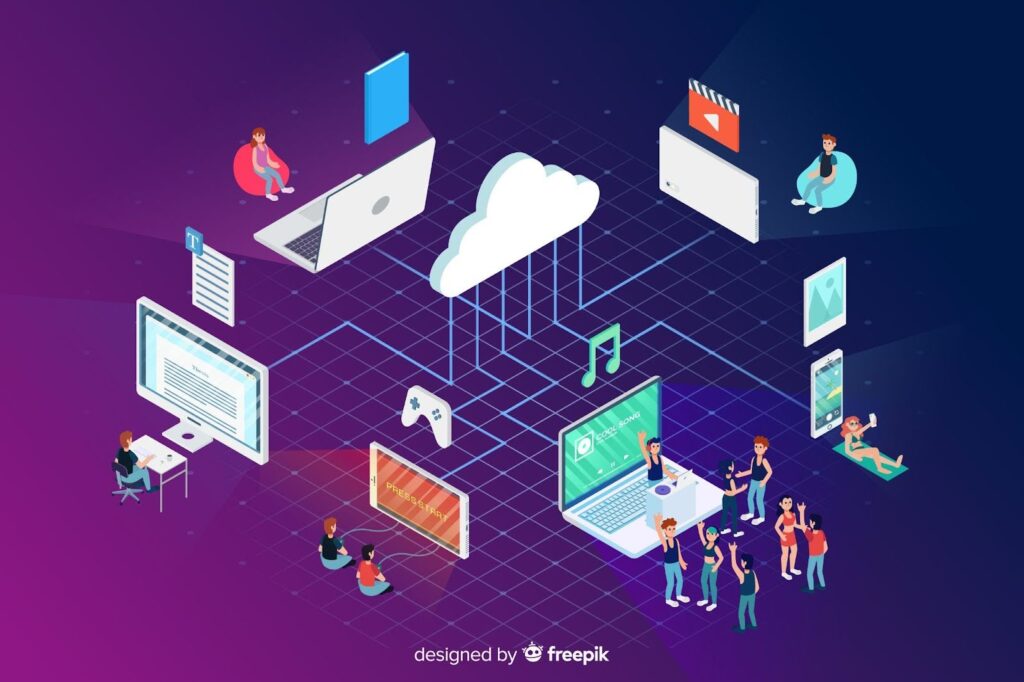 Isometric illustration of cloud computing services connecting laptops, music, games, and media—depicting cloud application development for modern digital platforms.
