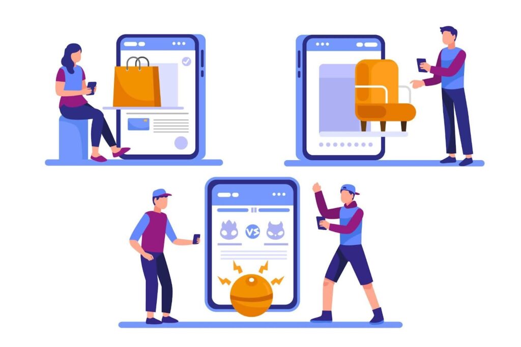 Illustration of different users interacting with apps for shopping, furniture, and games on large smartphones, showcasing the variety of best free apps available on the Shopify app market.