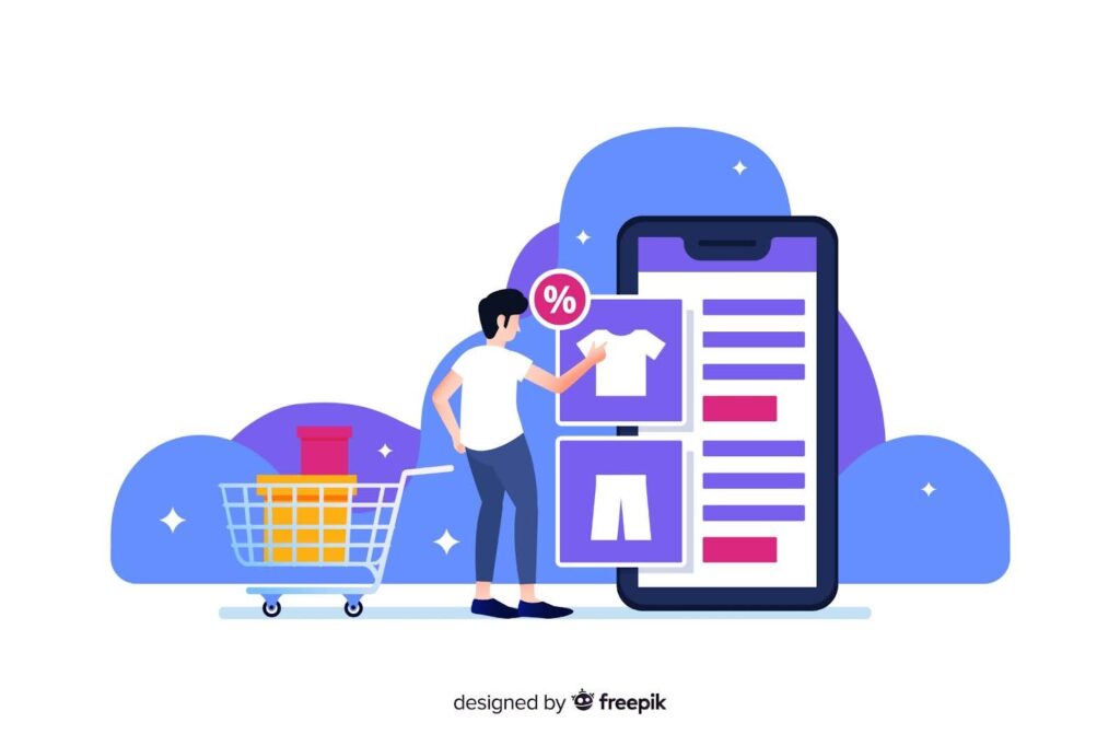 Flat illustration of a man selecting clothing items on a mobile shopping app, next to a cart, representing the best Shopify apps in the Shopify app market.