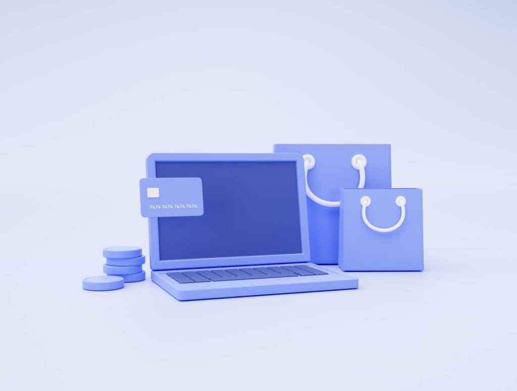 3D illustration of a laptop with credit card payment with online shopping bag representing online ecommerce Shopify store.