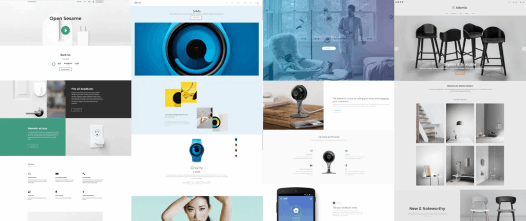 A collage of various web pages showcasing Shopify theme development and custom theme options for performance optimization.