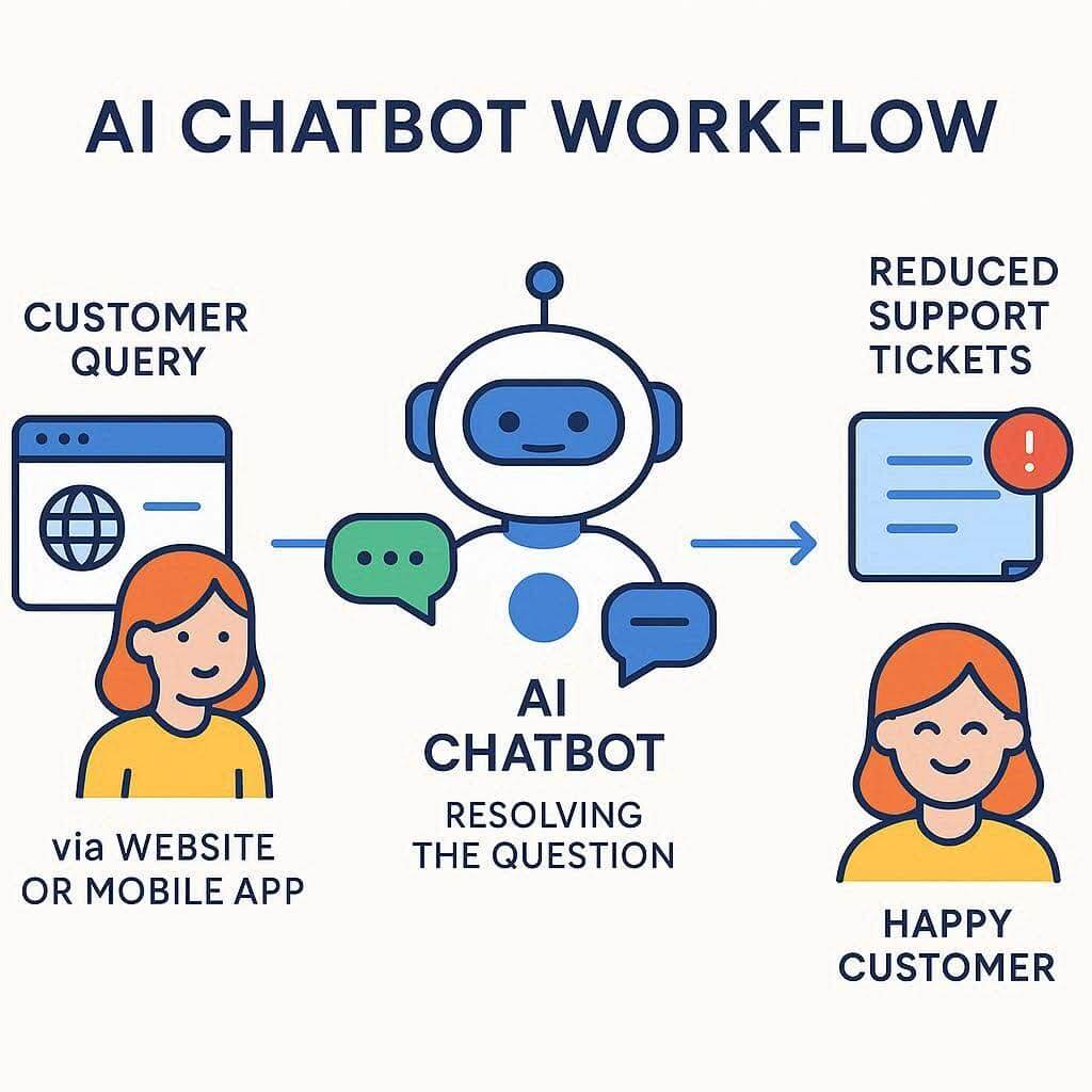 AI chatbot workflow for ecommerce showing automated customer service and ticket reduction.