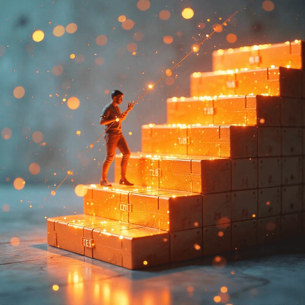 Person climbing a glowing, step-like staircase made of illuminated blocks, symbolizing progress, growth, and achievement in a digital or business context.