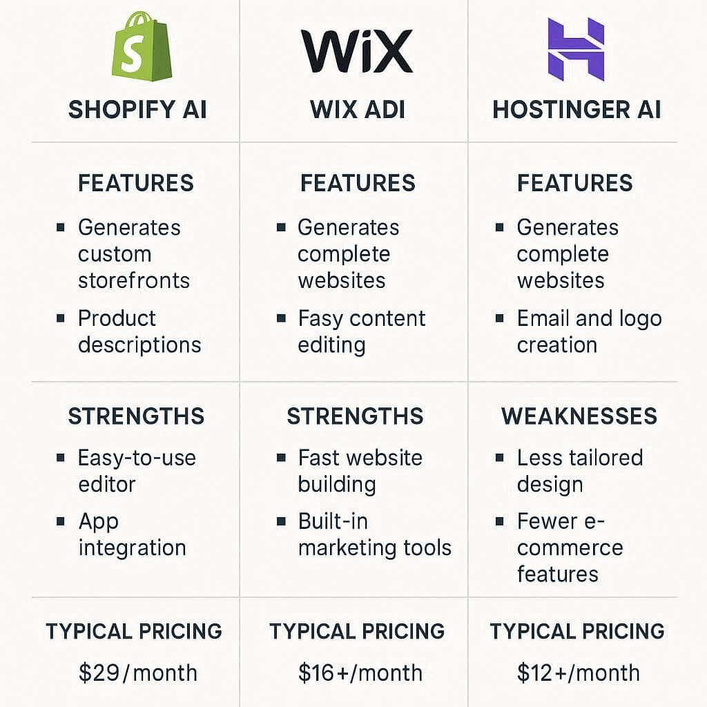 Comparison chart of Shopify AI store builder vs Wix ADI and Hostinger AI.