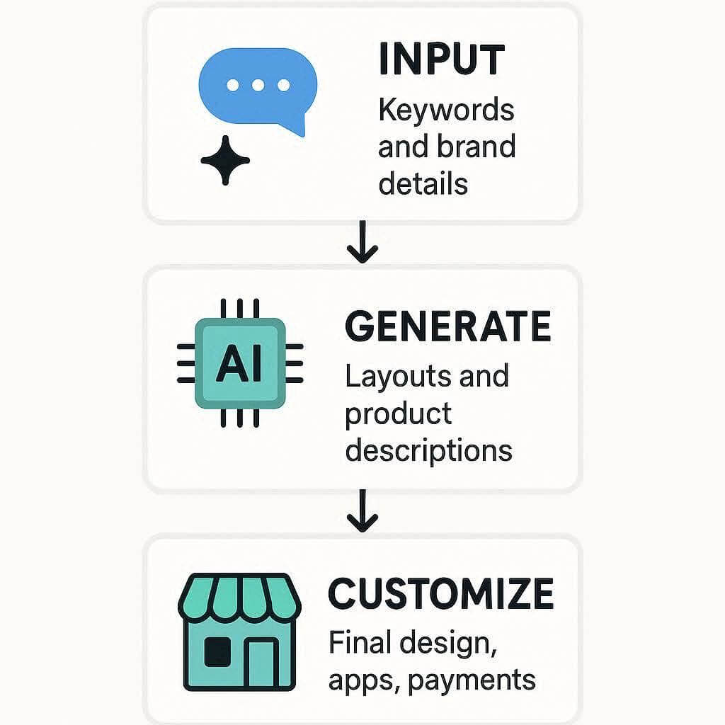 Step-by-step process of how AI store builders work from prompts to customization.