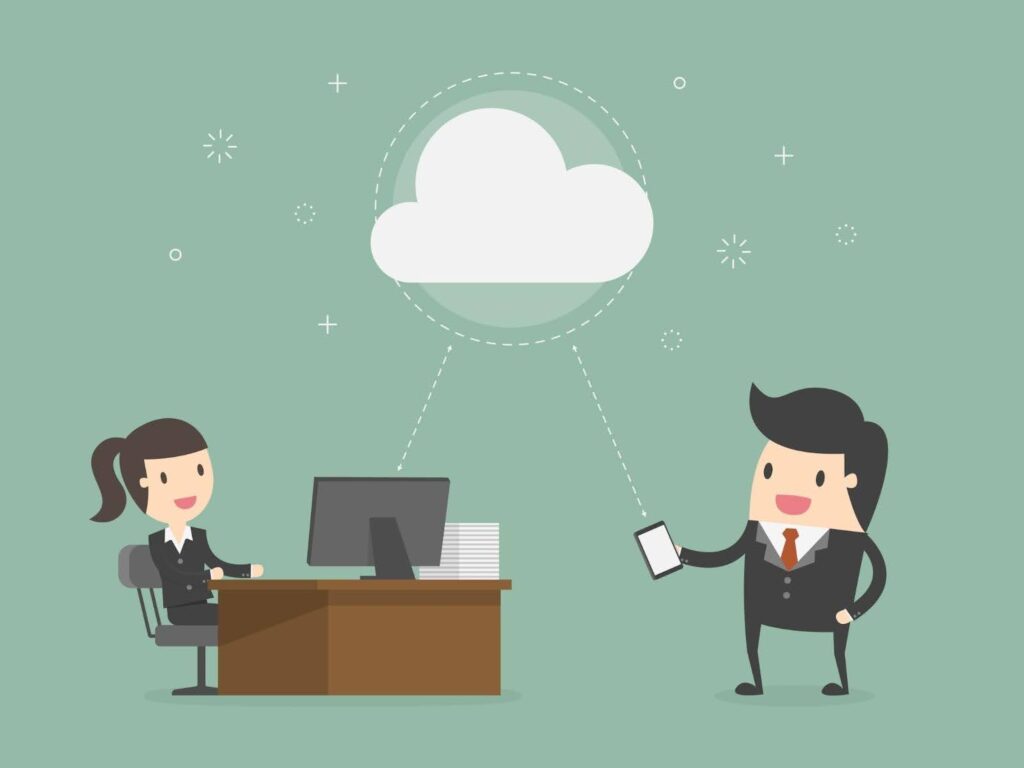 A Businessman and a woman discussing cloud computing solutions in an office, highlighting cloud-based productivity software.