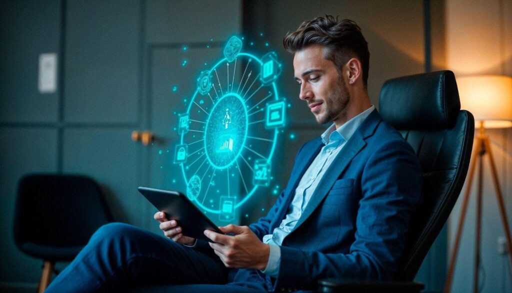 Businessman reviewing cloud-based productivity software on a tablet, surrounded by a digital holographic interface representing cloud-based productivity suites.