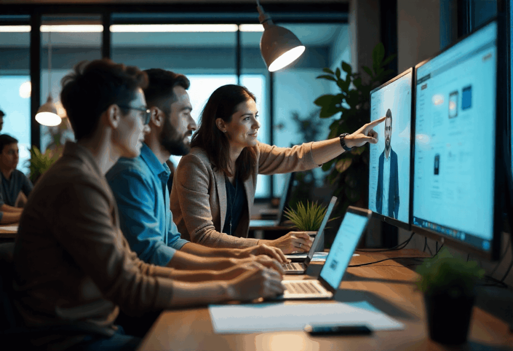 Team of developers, designers, and managers collaborating on custom web application development in a modern office.