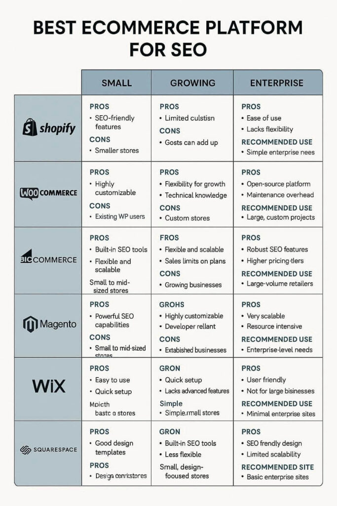 Decision matrix for selecting the best ecommerce platform for SEO based on store size and goals.