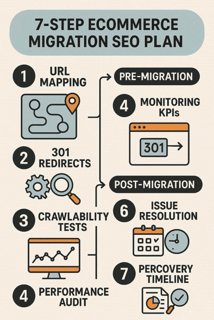 7-step SEO migration checklist for ecommerce platforms, including pre-migration planning, redirects, and post-launch monitoring.