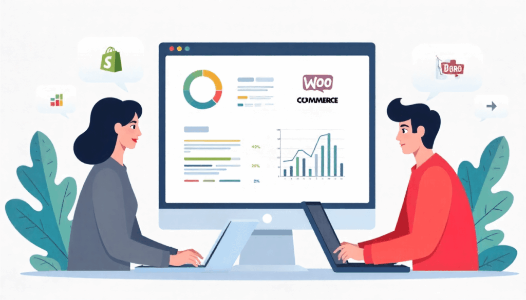 Ecommerce store owners reviewing SEO metrics and platform tools for Shopify, WooCommerce, and BigCommerce.